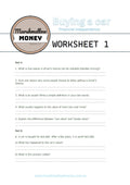 Worksheet titled 'Buying a car' from Marshmallow Money with multiple-choice questions.