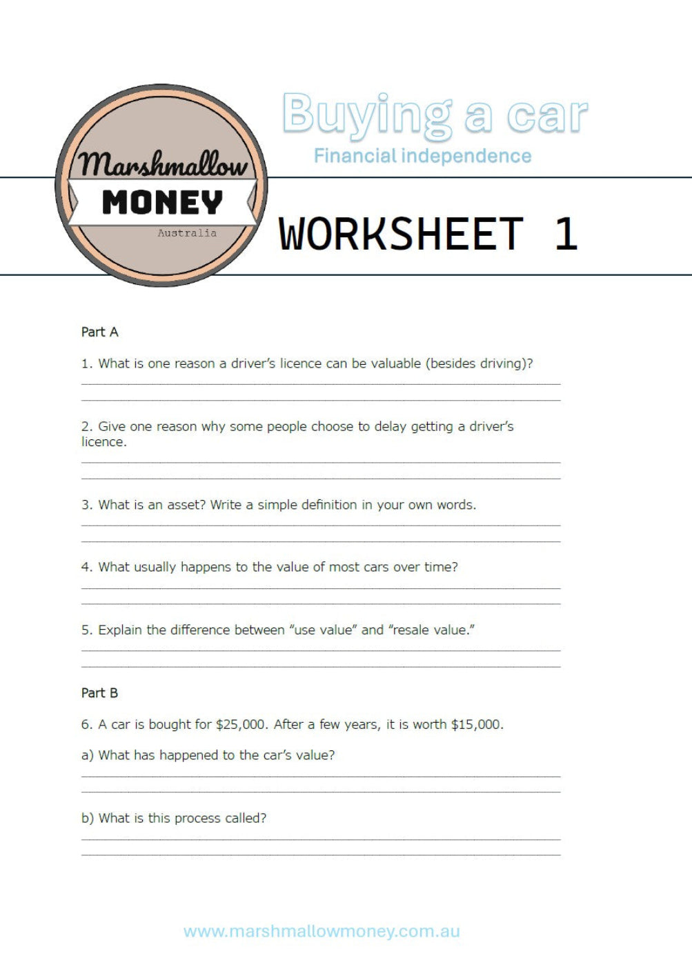 Worksheet titled 'Buying a car' from Marshmallow Money with multiple-choice questions.