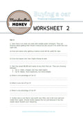 Worksheet titled 'Buying a car' from Marshmallow Money on a white background