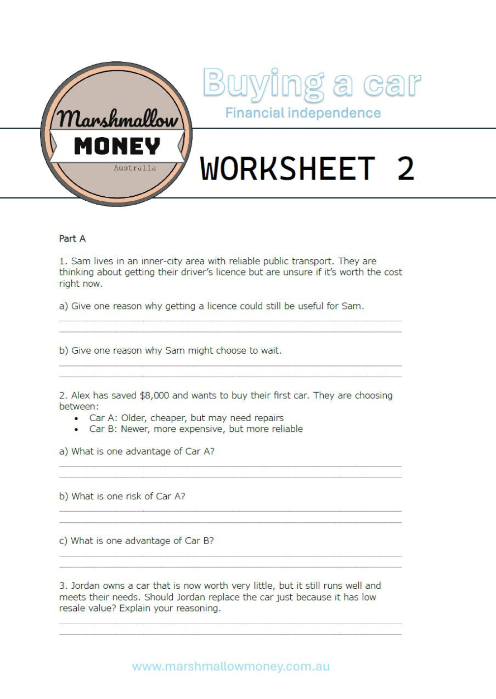 Worksheet titled 'Buying a car' from Marshmallow Money on a white background