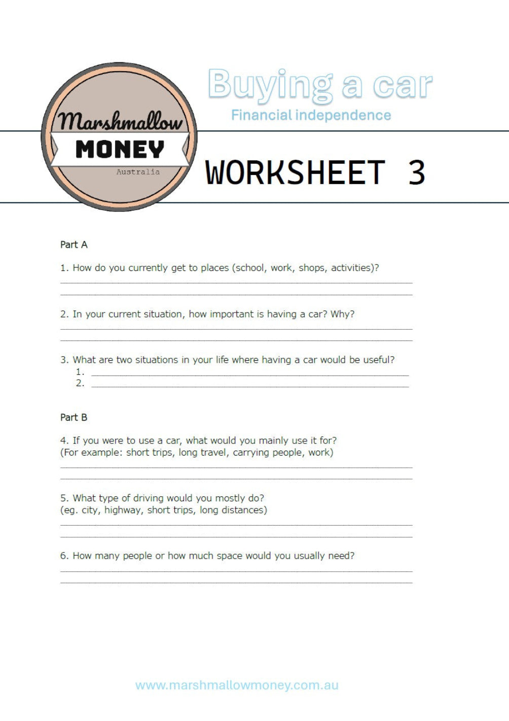 Worksheet titled 'Buying a car' from Marshmallow Money on a white background
