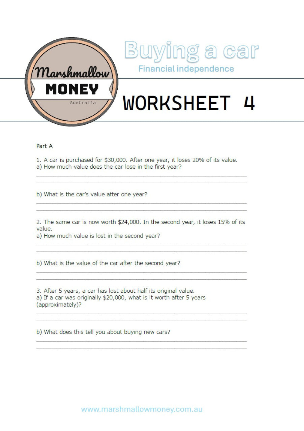 Worksheet titled 'Buying a car' from Marshmallow Money on a white background