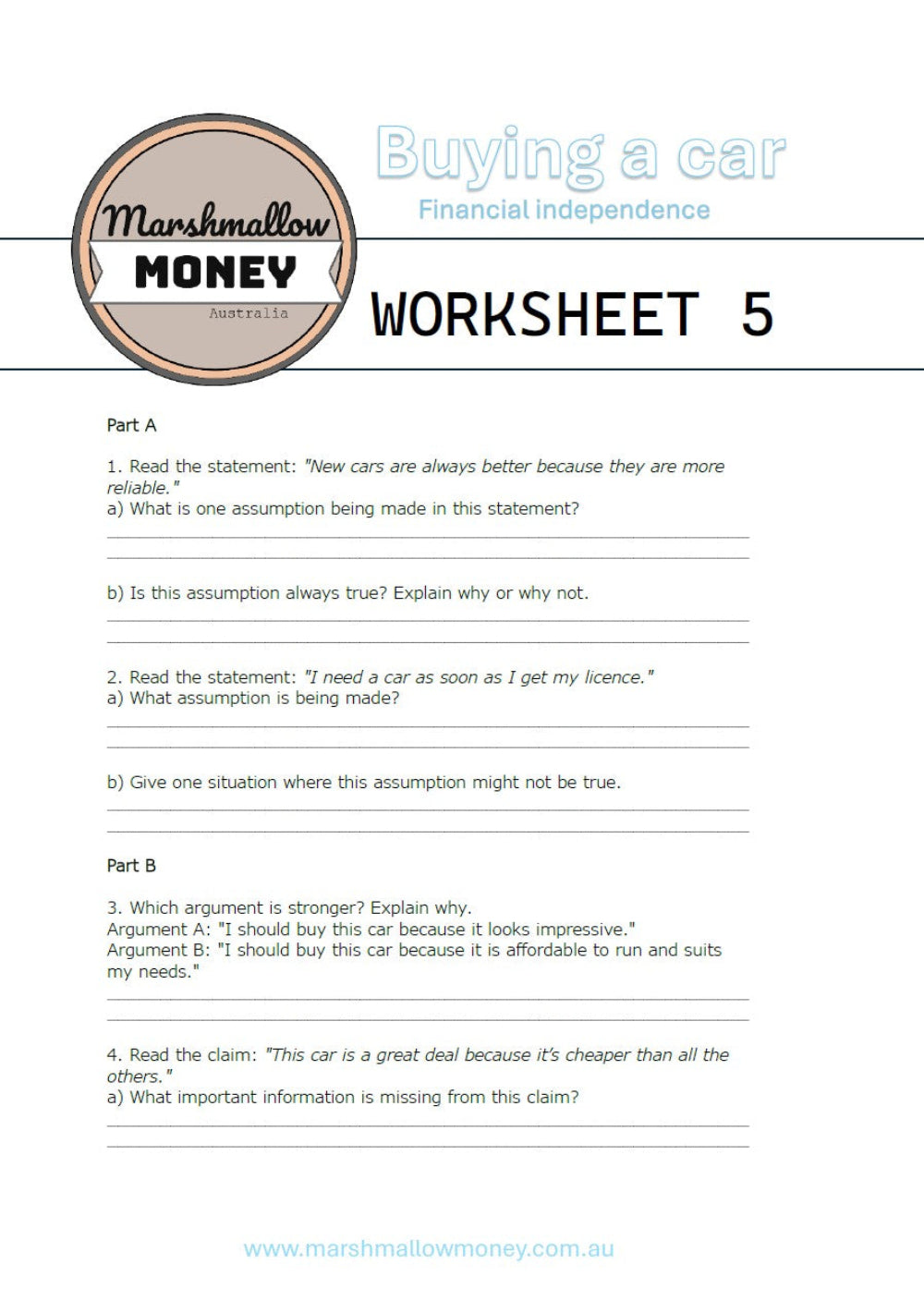 Worksheet from Marshmallow Money on buying a car with text and questions.