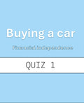 Text 'Buying a car' and 'Financial independence' on a blue background with a white bar labeled 'QUIZ 1'.