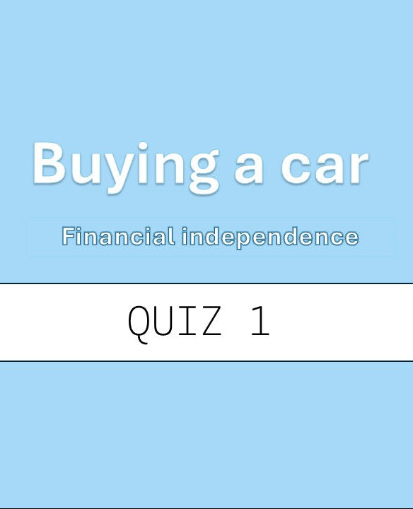 Text 'Buying a car' and 'Financial independence' on a blue background with a white bar labeled 'QUIZ 1'.