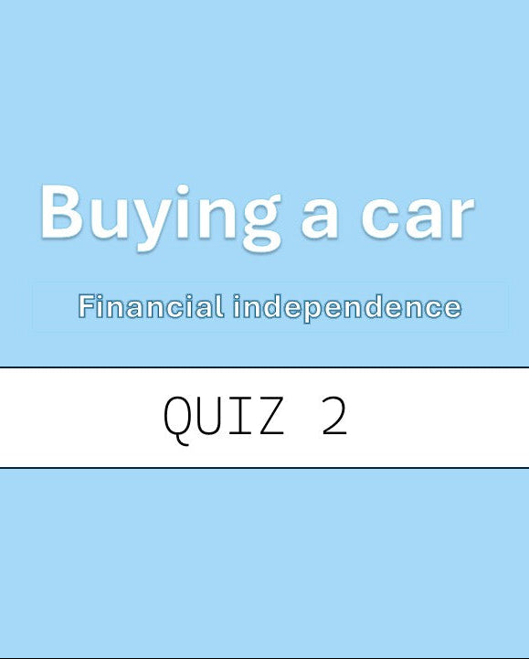 Text 'Buying a car' and 'Financial independence' on a blue background with a white bar.