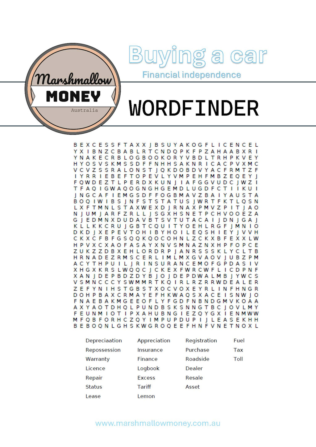 Buying a car WORDFINDER