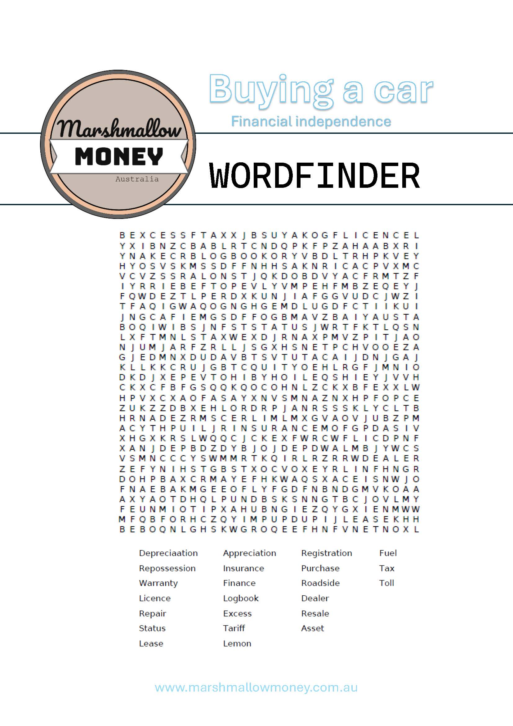 Buying a car WORDFINDER