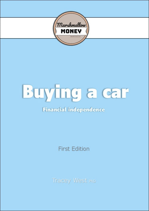 Book cover of 'Buying a car: Financial Independence' by Tracey West on a light blue background.