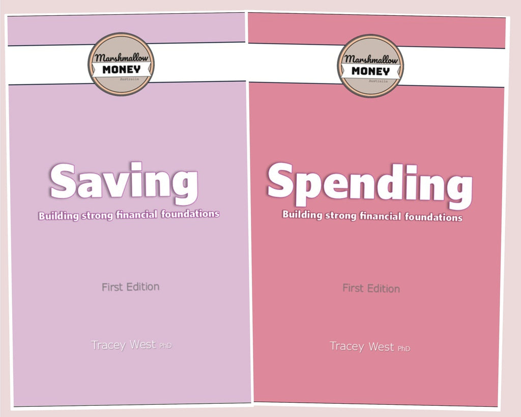Two books titled 'Saving' and 'Spending' by Tracey West on a light pink background.