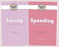 Two books titled 'Saving' and 'Spending' by Tracey West on a light pink background.