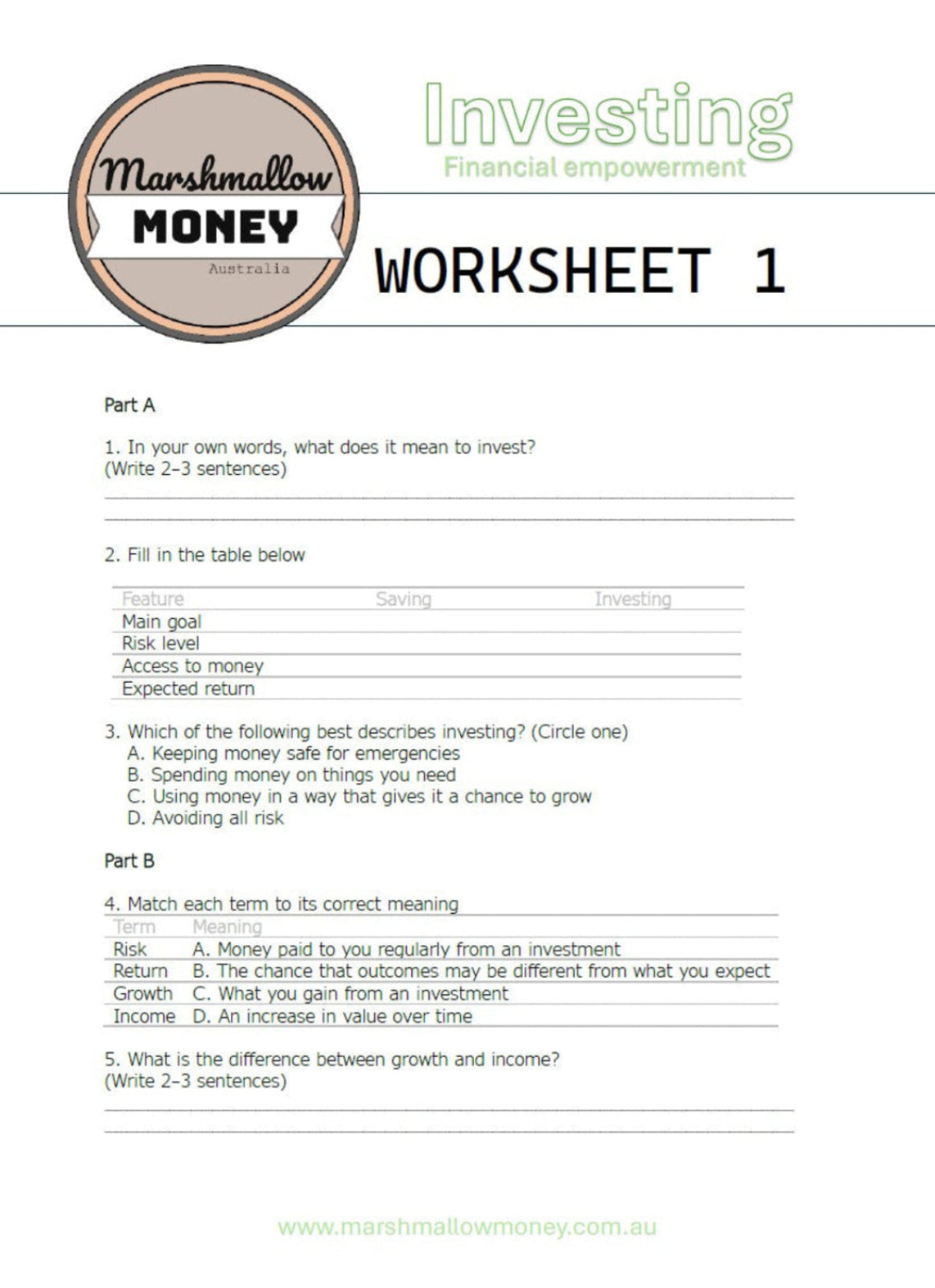 Worksheet titled 'Investing' from Marshmallow Money on a white background