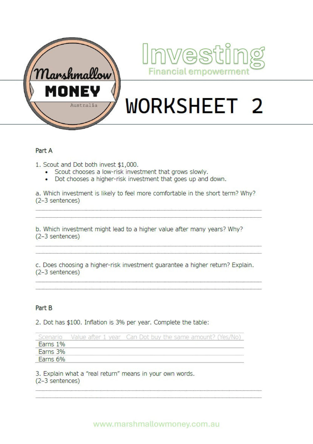 Worksheet titled 'Investing' from Marshmallow Money Australia on a white background