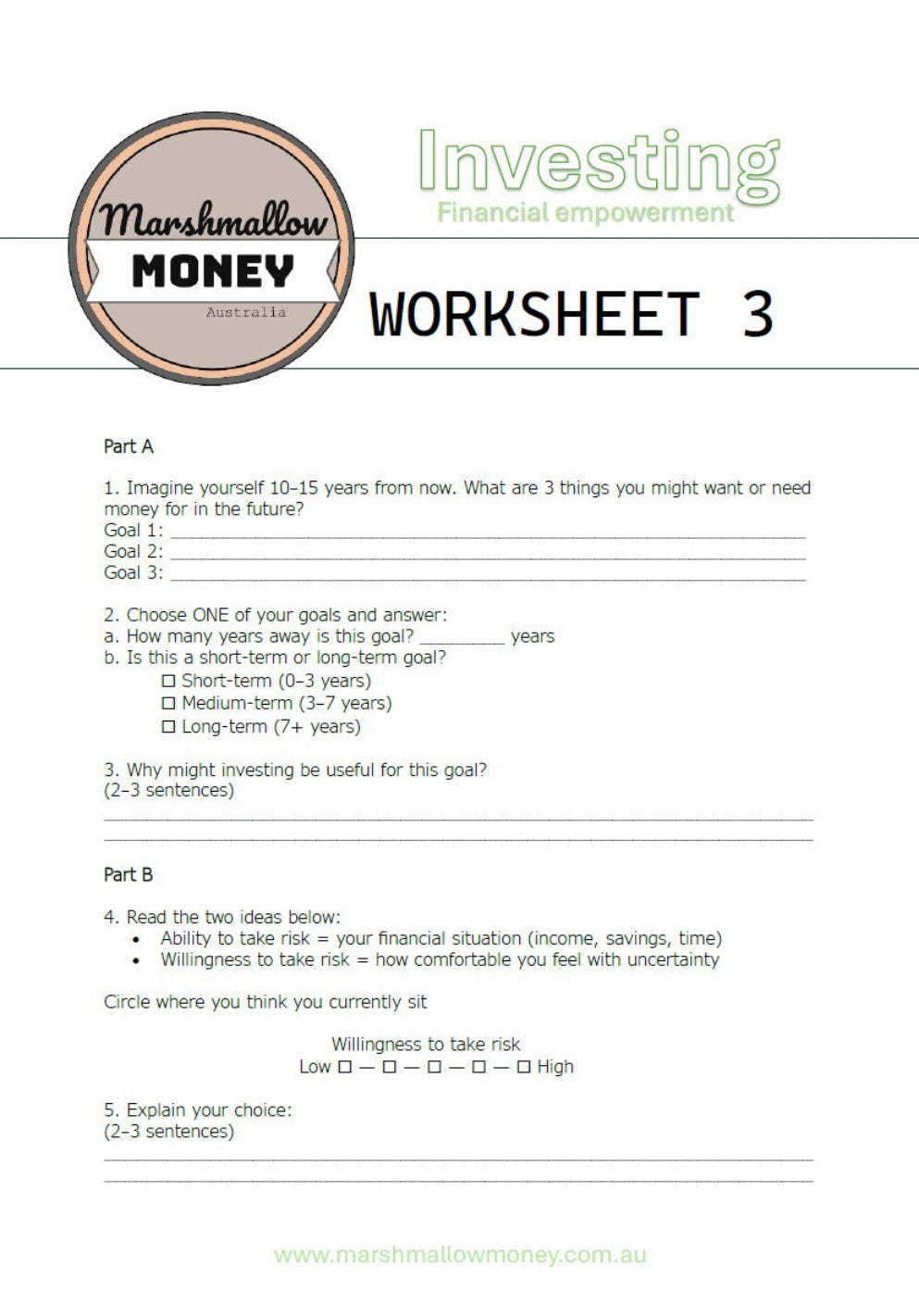 Worksheet titled 'Investing' from Marshmallow Money Australia on a white background