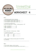 Worksheet titled 'Investing Marshmallow MONEY' with financial questions and calculations.