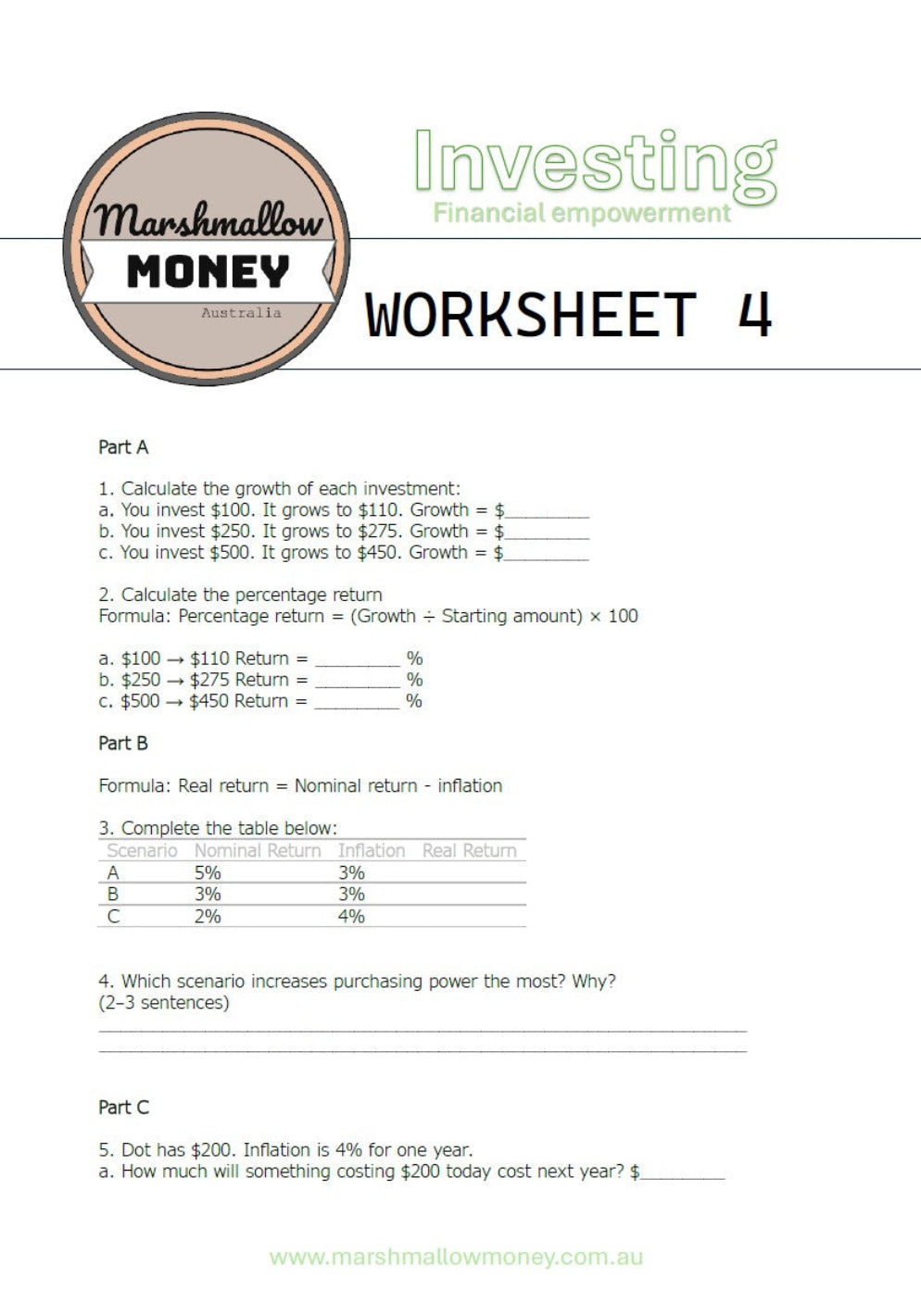 Worksheet titled 'Investing Marshmallow MONEY' with financial questions and calculations.