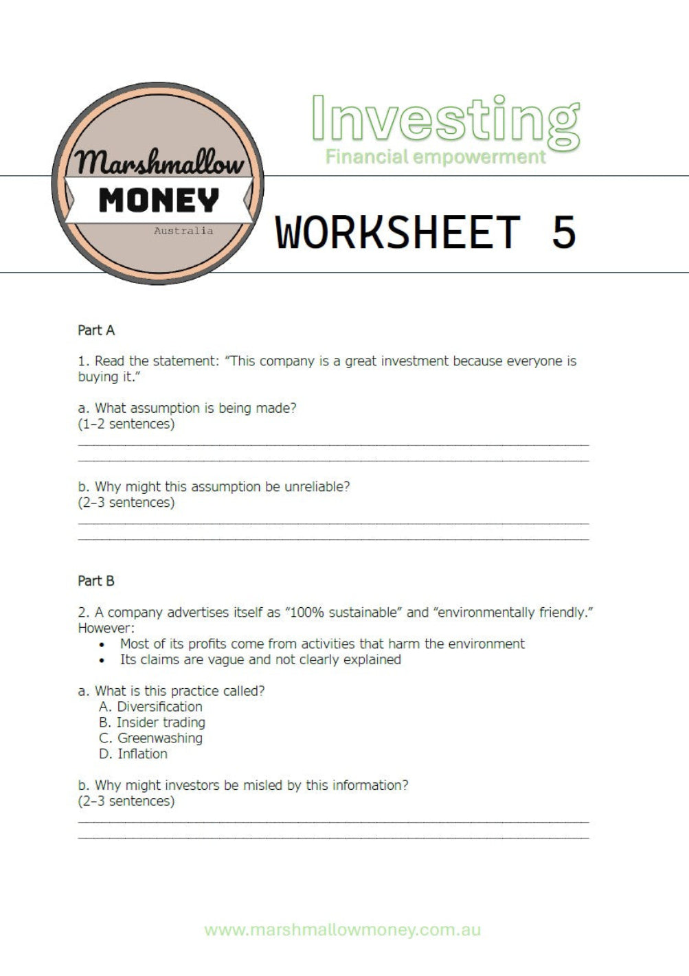 Worksheet from Marshmallow Money Australia on financial literacy with a logo at the top.