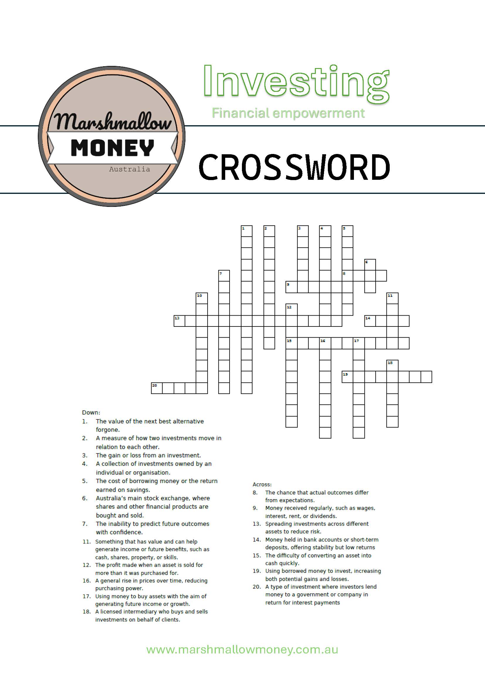 Crossword puzzle from Marshmallow Money on a white background