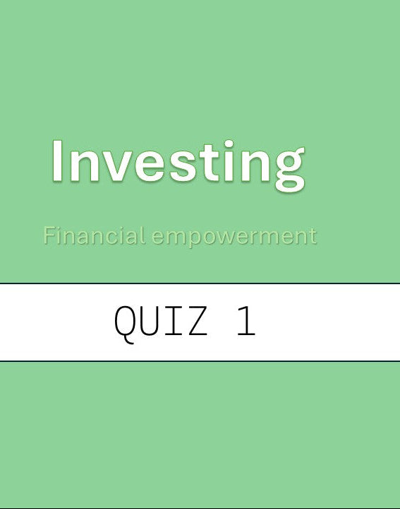 Text 'Investing' and 'QUIZ 1' on a green background