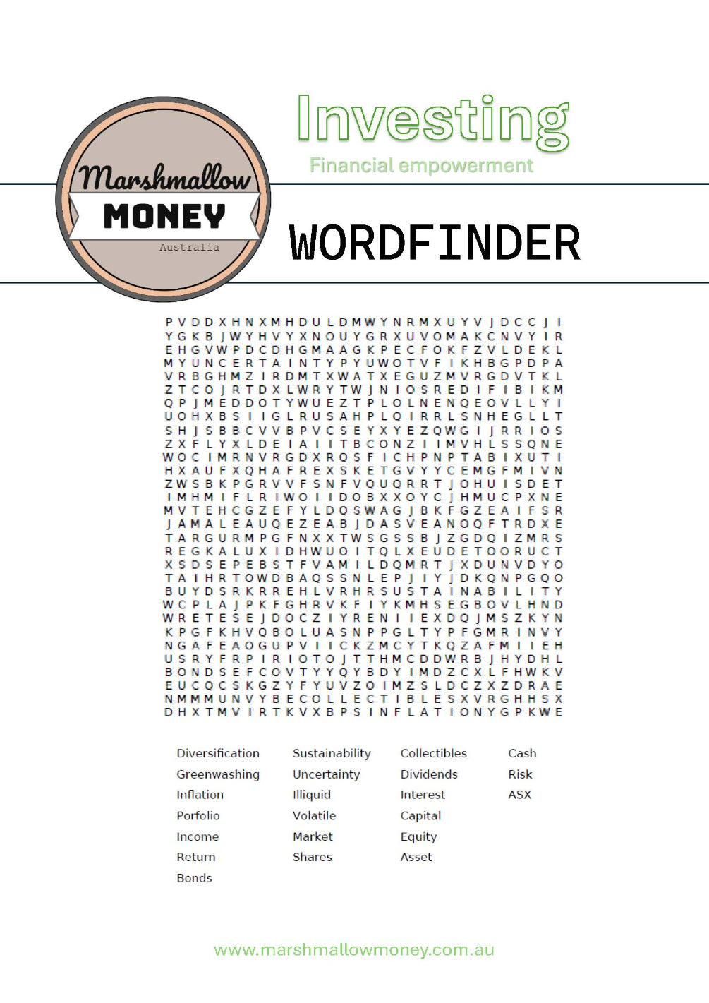 Wordfinder puzzle from Marshmallow Money with financial terms on a white background