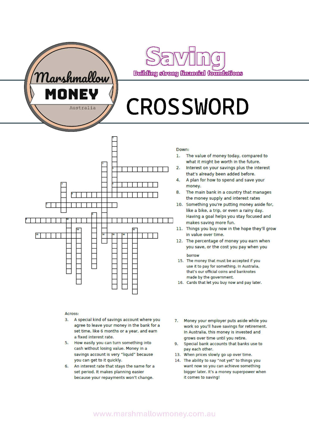Crossword puzzle titled 'Saving Marshmallow Money' with definitions on a white background.