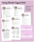 Educator support pack with worksheets, quizzes, and crossword puzzles on a purple background
