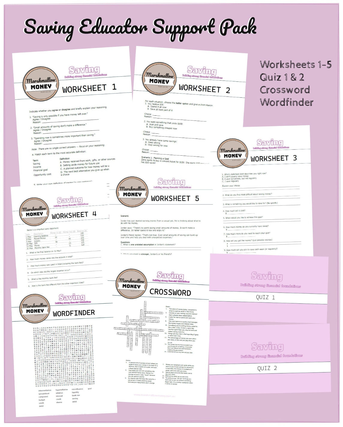 Educator support pack with worksheets, quizzes, and crossword puzzles on a purple background