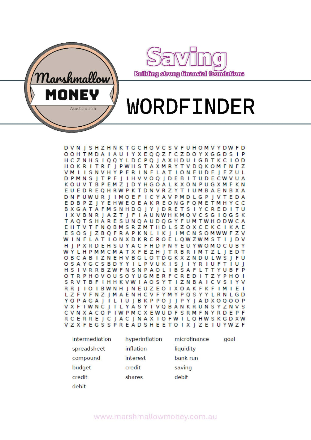 Wordfinder puzzle from Marshmallow Money with a white background