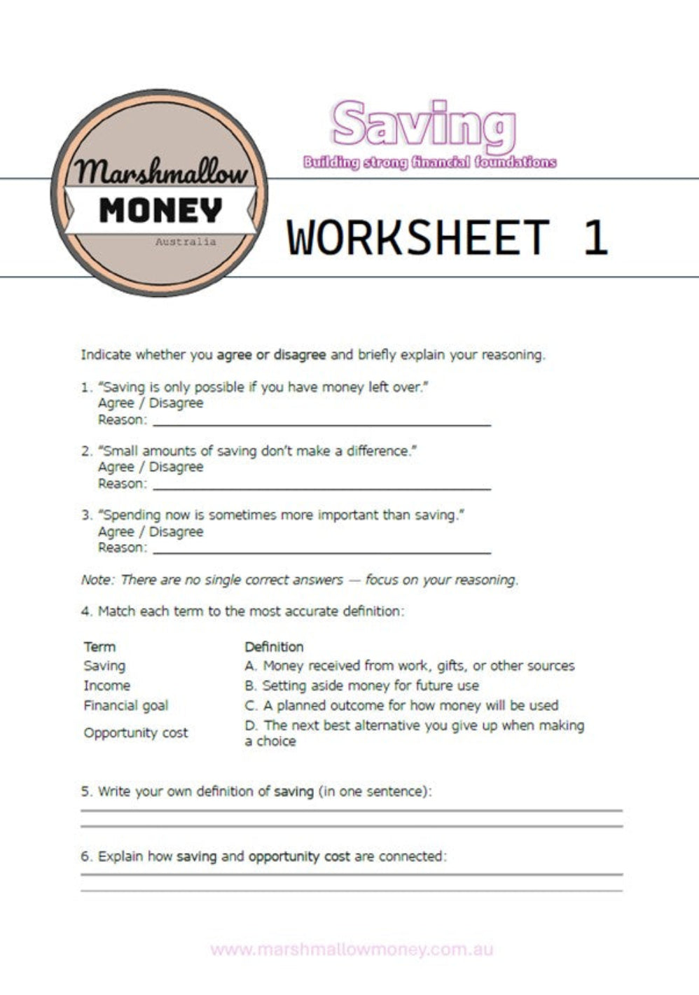 Worksheet titled 'Saving Money' from Marshmallow Money on a white background