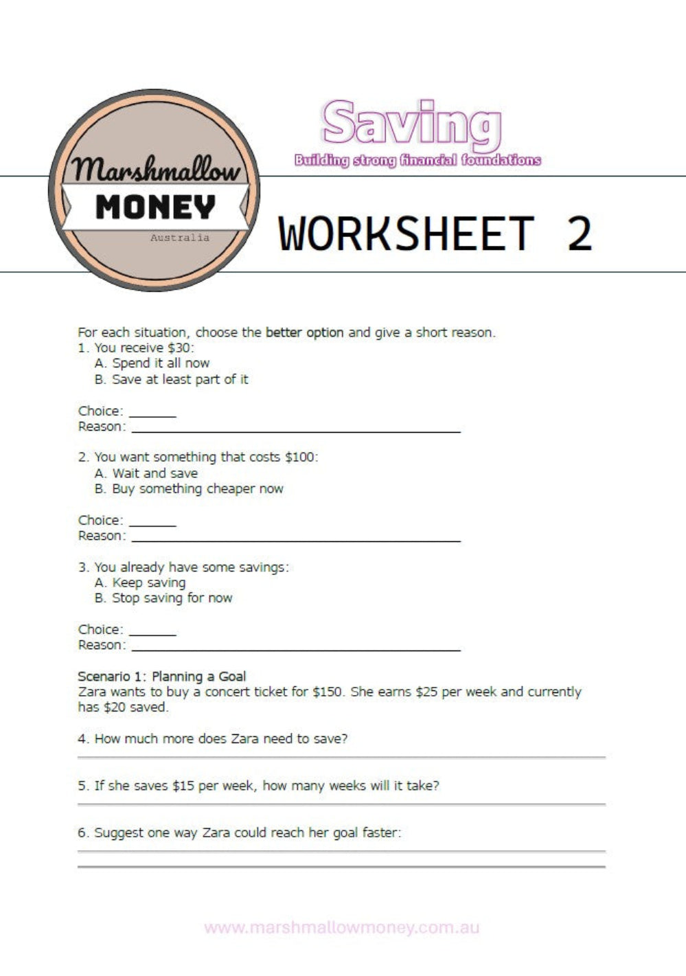 Marshmallow Money Worksheet 2 on a white background
