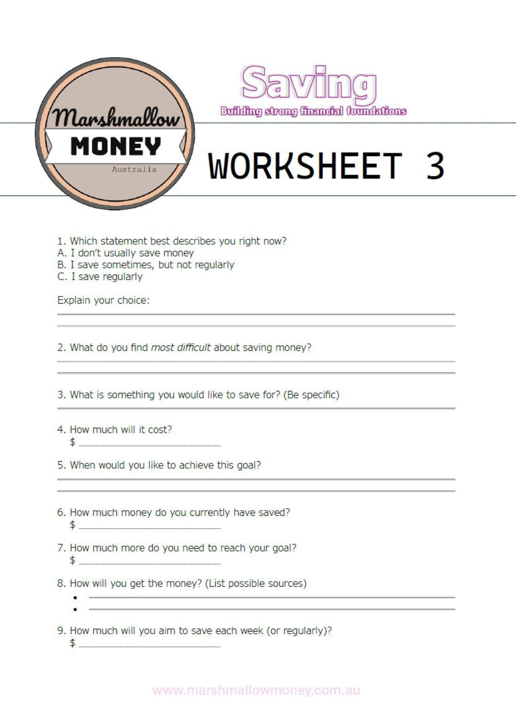 Marshmallow Money Worksheet 3 for saving money with a logo at the top.