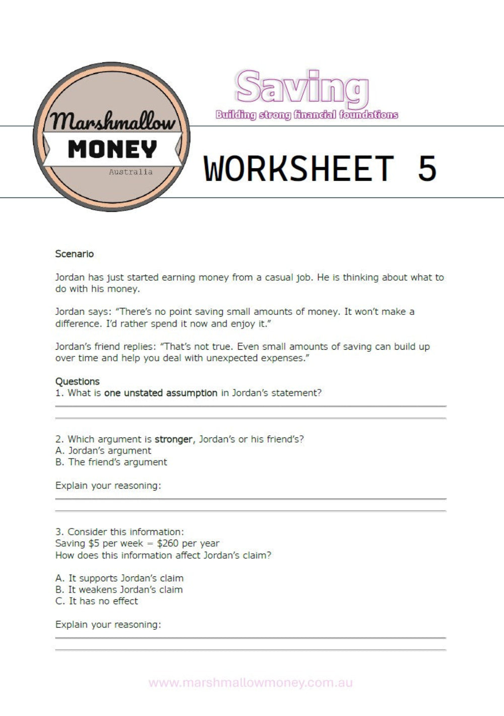 Worksheet titled 'Saving Marshmallow Money' with a question scenario and multiple-choice questions.