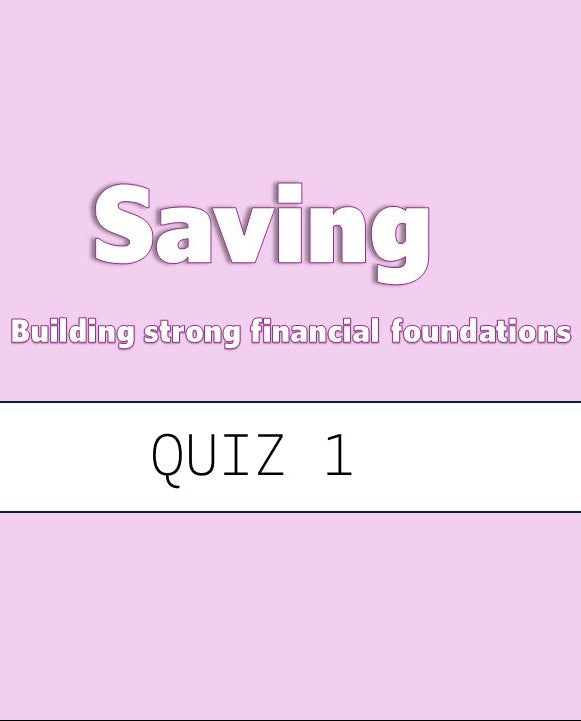 Text on a pink background with 'Saving' and 'QUIZ 1' displayed.