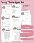 Spending educator support pack with worksheets, quizzes, and wordfinder on a pink background
