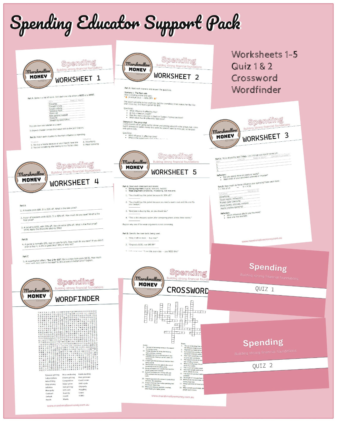 Spending educator support pack with worksheets, quizzes, and wordfinder on a pink background
