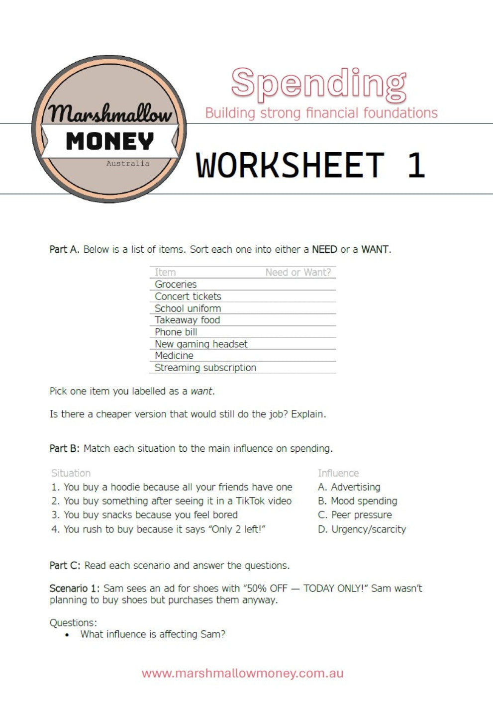 Marshmallow Money worksheet on spending with a list of items to categorize as needs or wants.