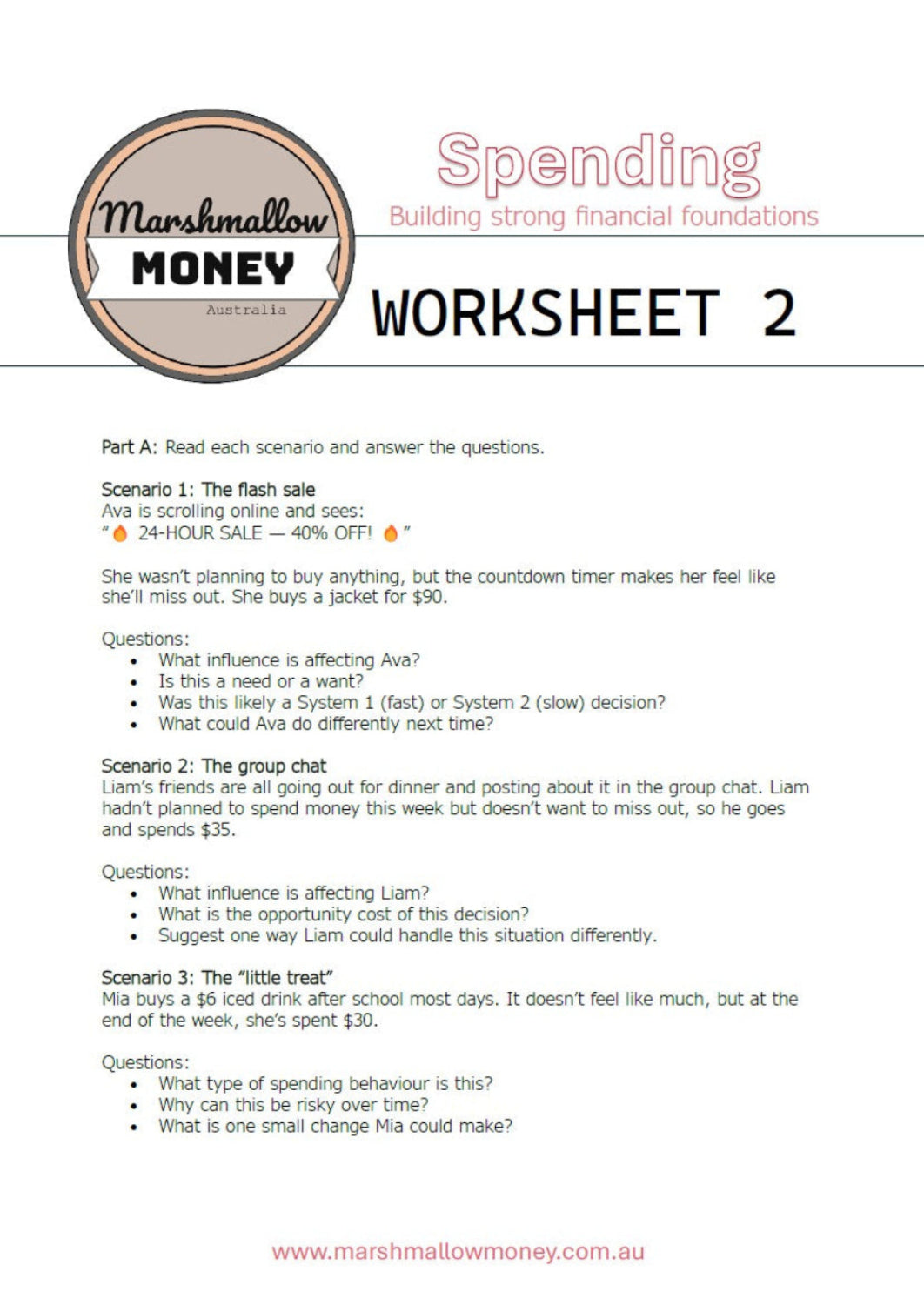 Marshmallow Money worksheet on spending scenarios with a white background