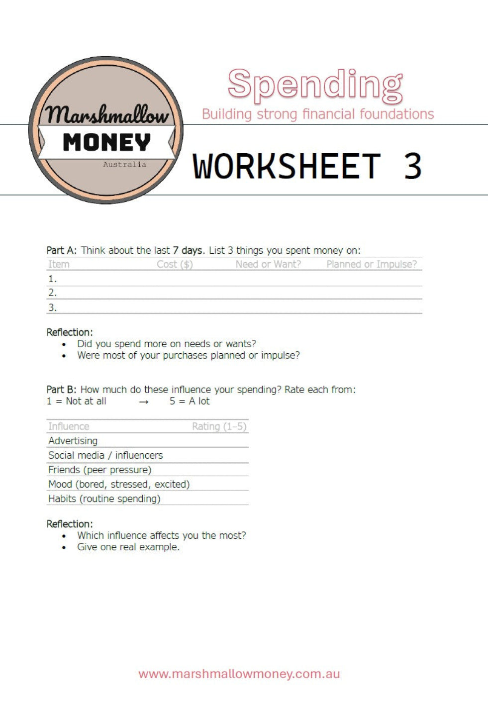 Marshmallow Money worksheet on a white background