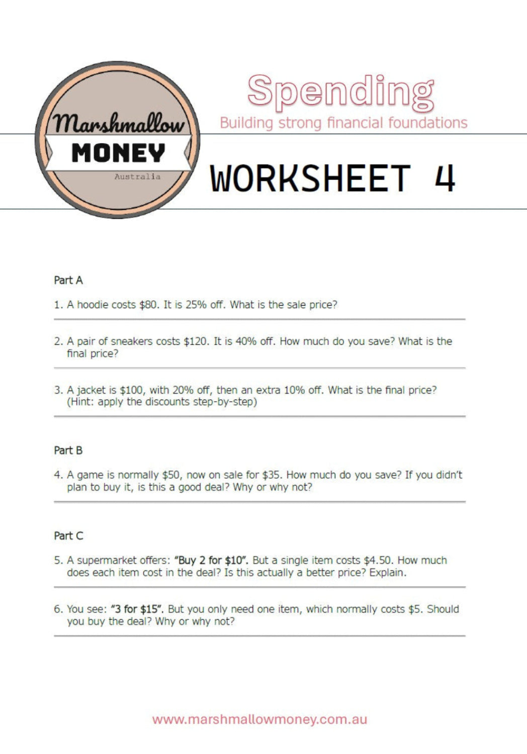 Spending worksheet 4 from Marshmallow Money on a white background