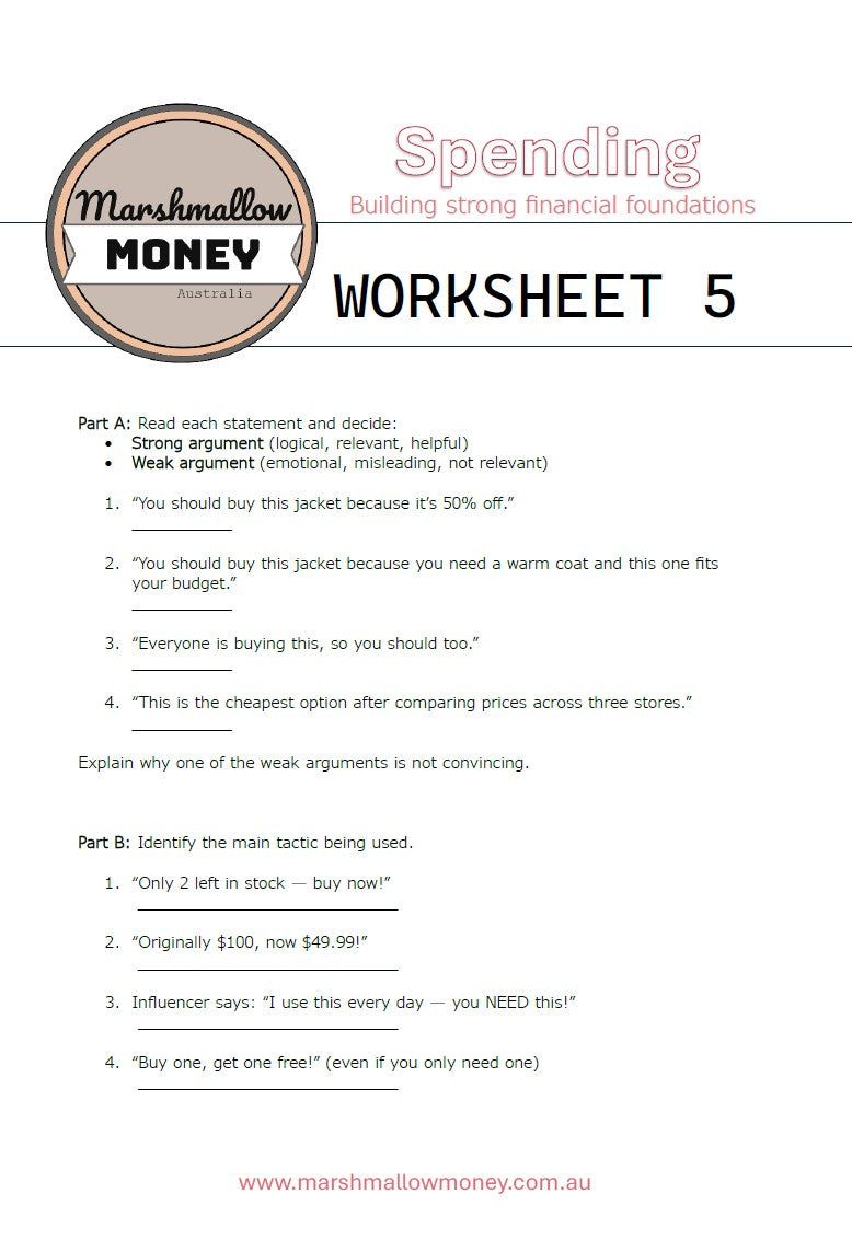 Spending worksheet from Marshmallow Money with text and logo.