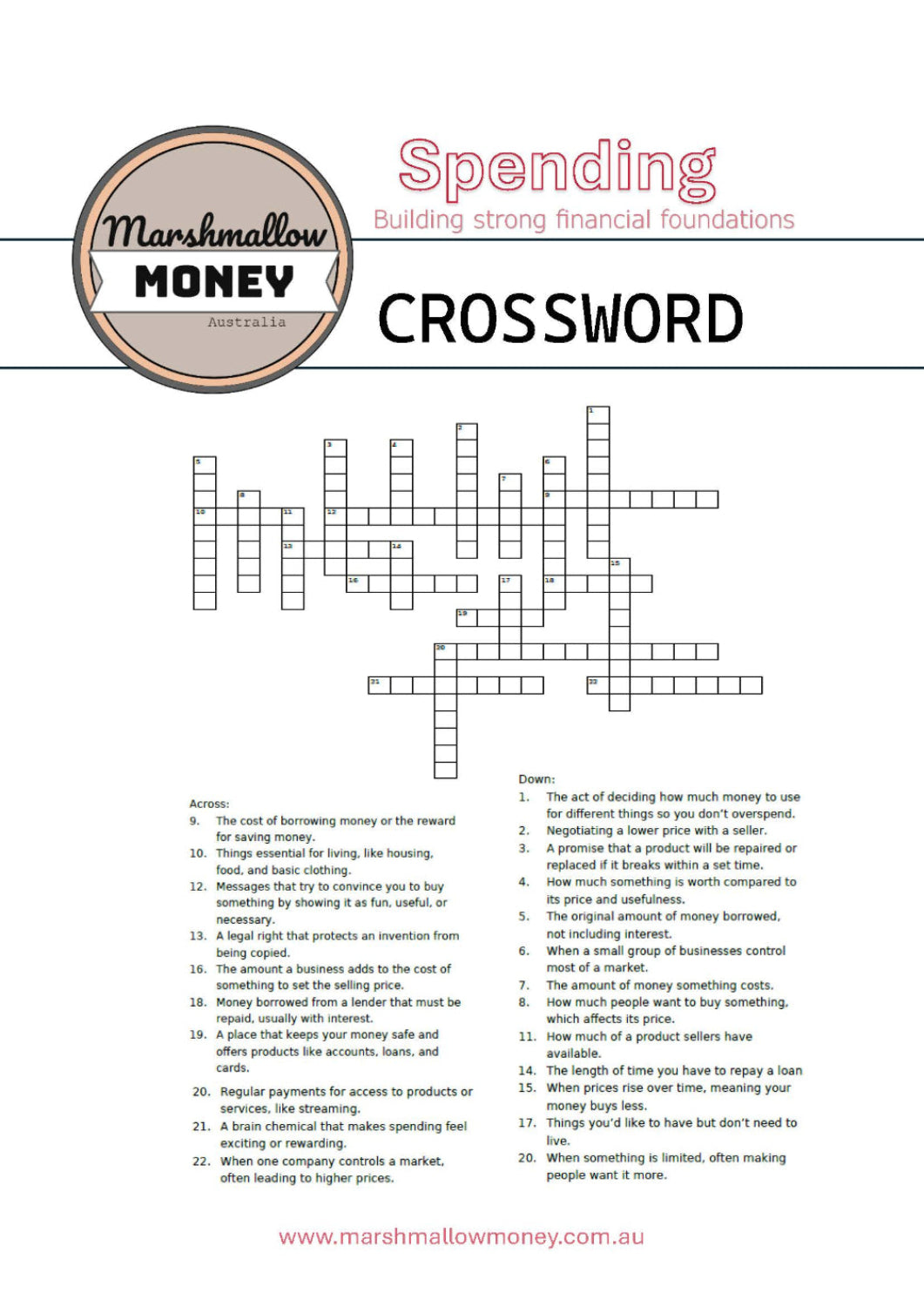 Crossword puzzle from Marshmallow Money on a white background