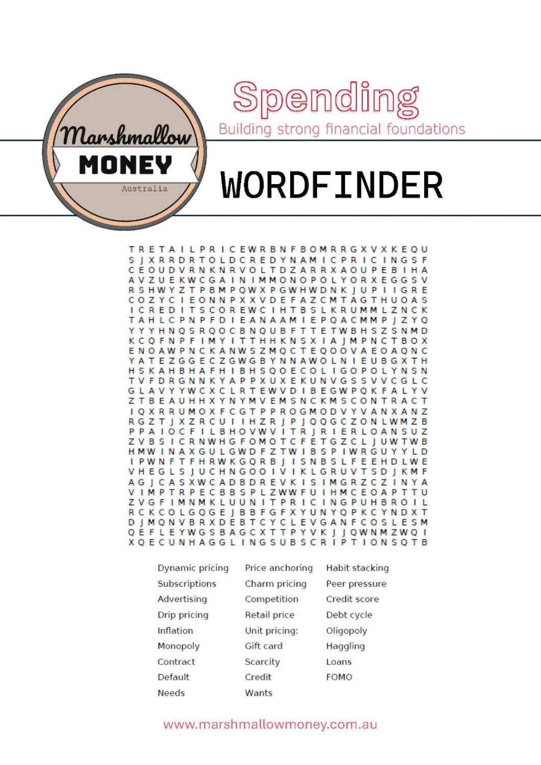 Marshmallow Money wordfinder puzzle on a white background
