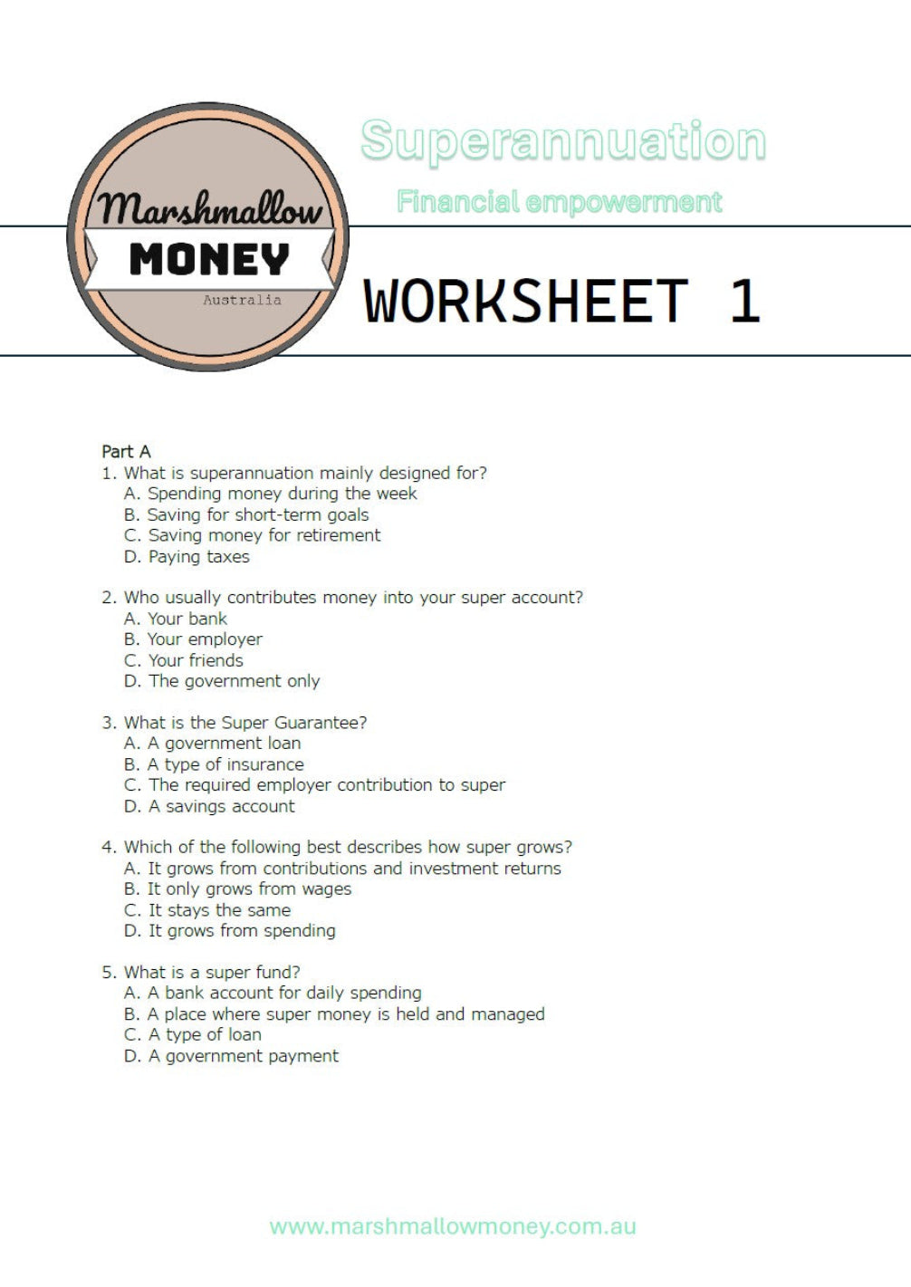 Superannuation worksheet from Marshmallow Money on a white background