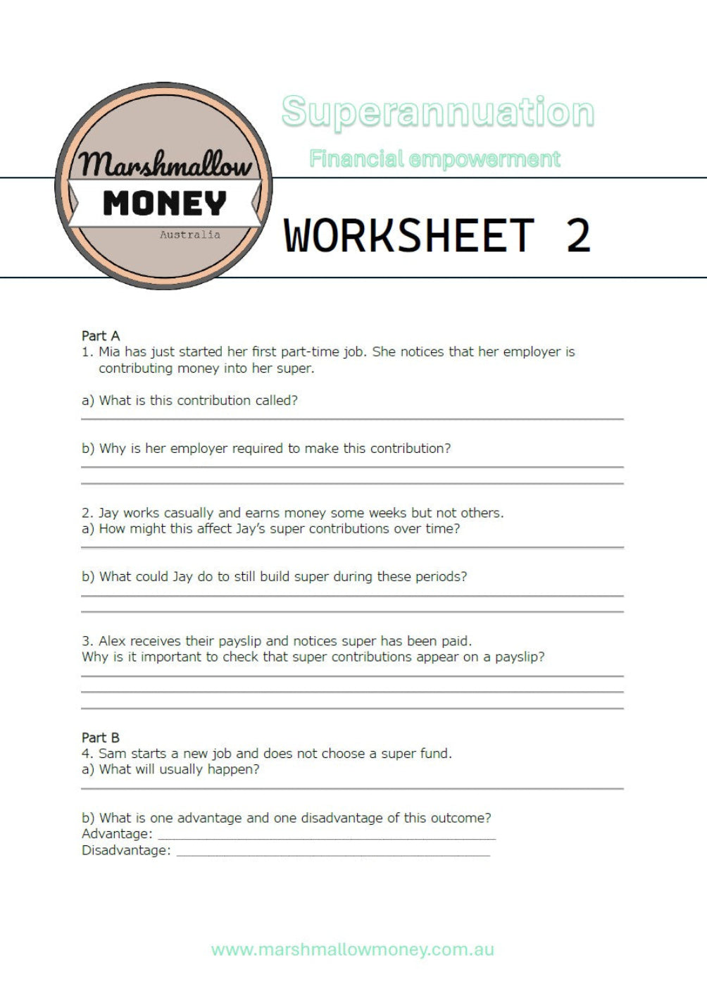 Superannuation worksheet from Marshmallow Money on a white background