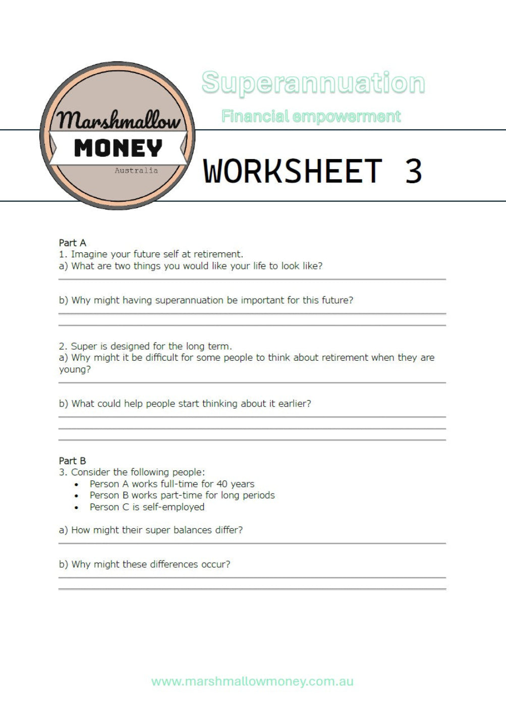 Superannuation worksheet from Marshmallow Money Australia on a white background