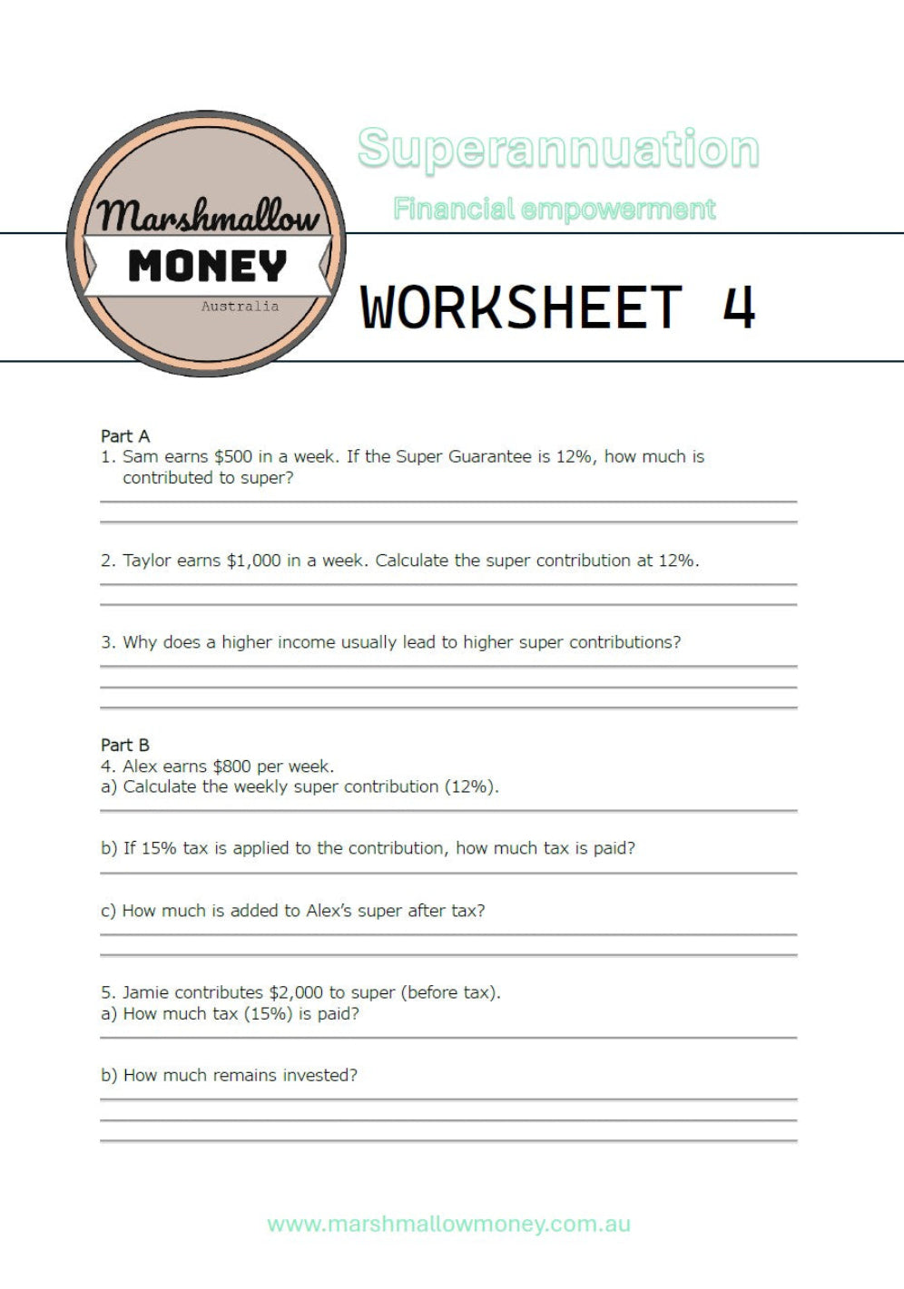 Superannuation worksheet from Marshmallow Money on a white background