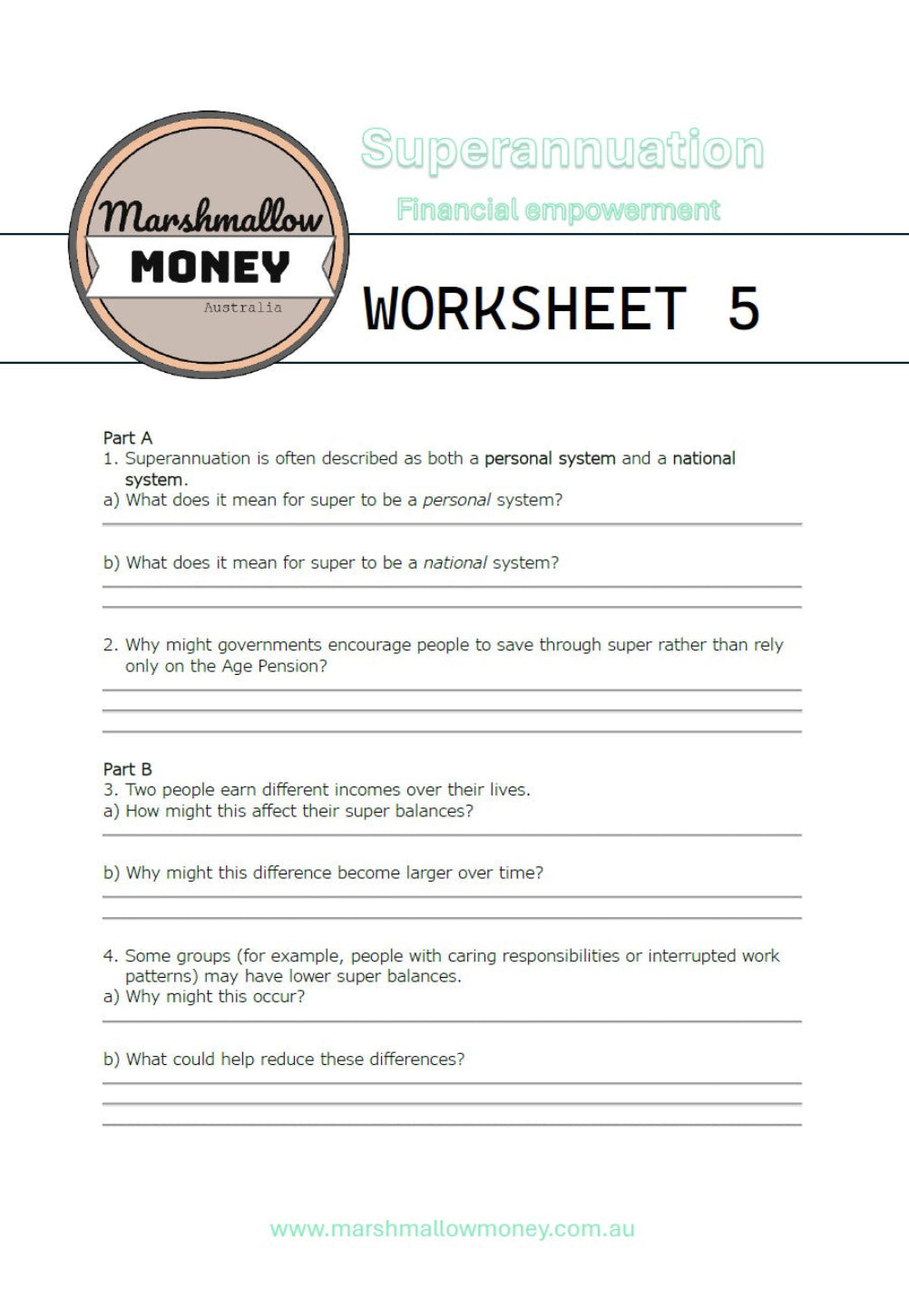 Superannuation financial empowerment worksheet from Marshmallow Money Australia on a white background