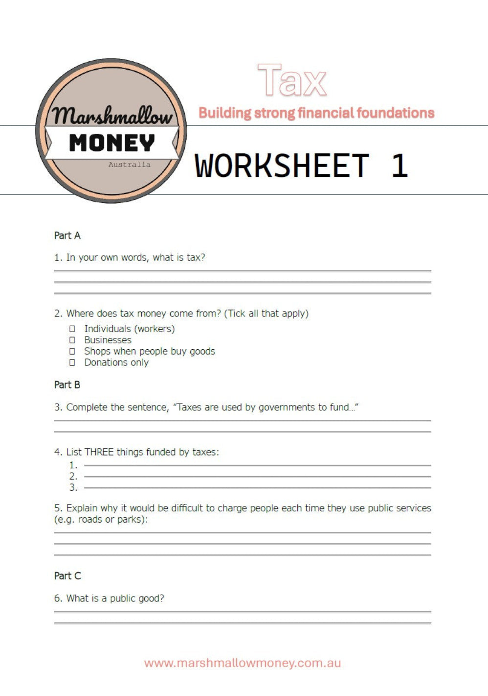 Tax worksheet from Marshmallow Money Australia with questions and space for answers.