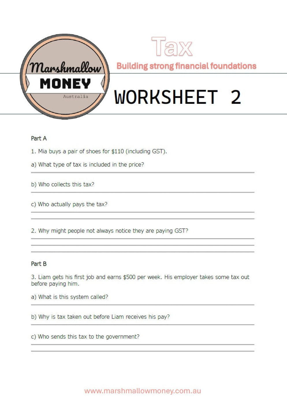 Tax worksheet from Marshmallow Money with questions on types of tax, tax collectors, and tax deductions.