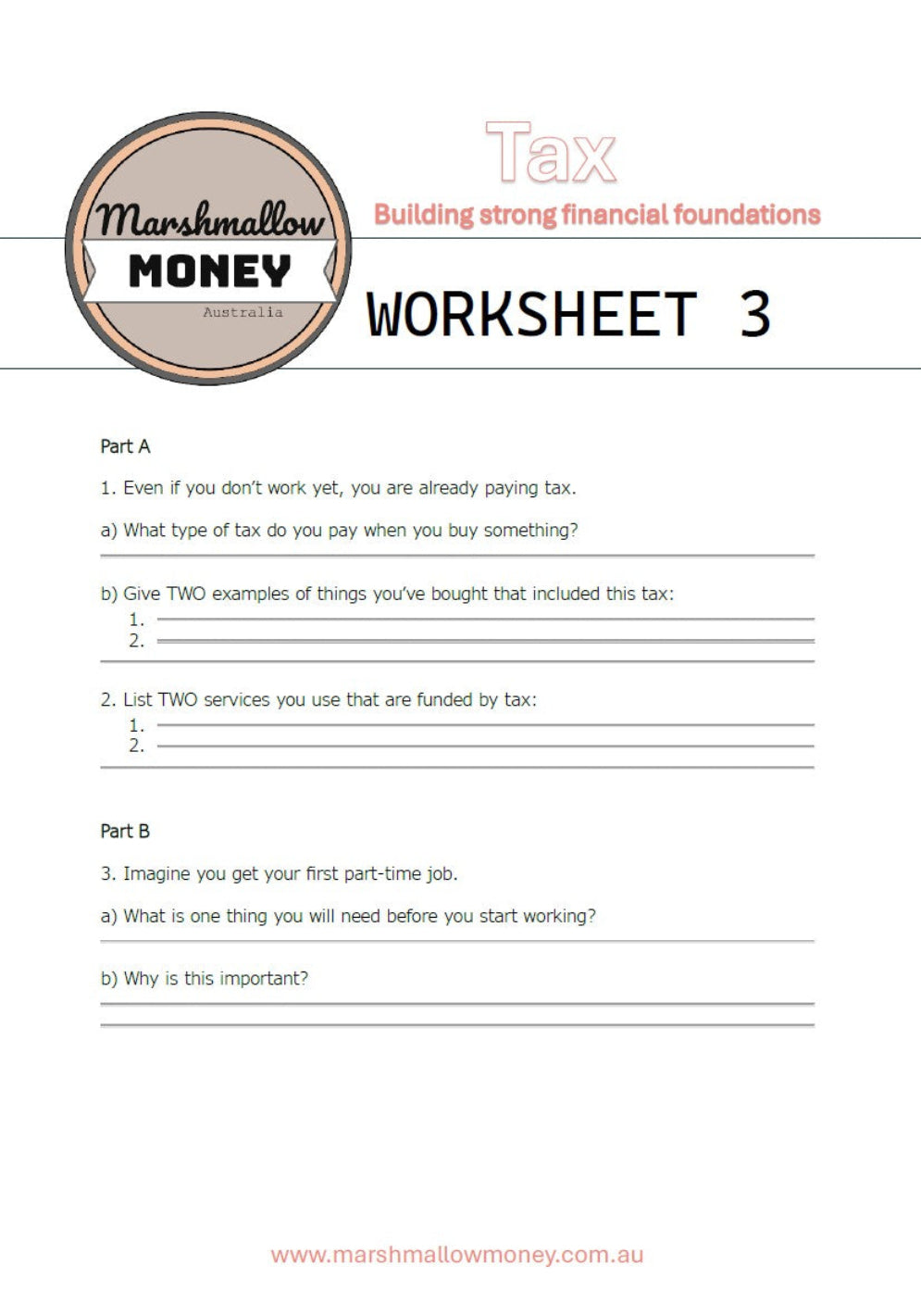 Tax worksheet from Marshmallow Money with questions on taxation and financial planning.